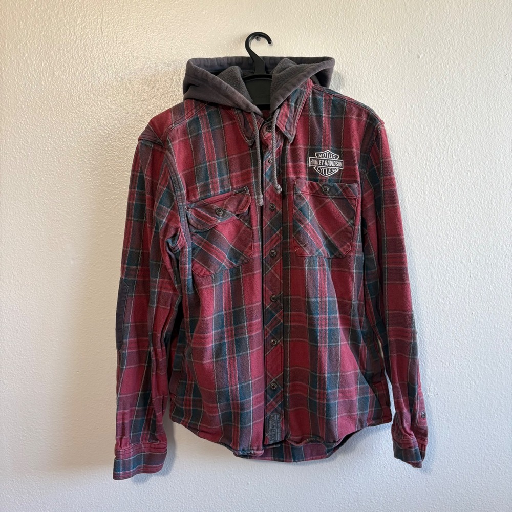 Harley Davidson Men's Large Red Black Plaid Hooded Flannel Shirt Biker Grunge